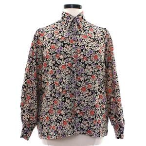 Vintage 70s Floral Blouse Black Cream Lavender Long Sleeve Women's Large